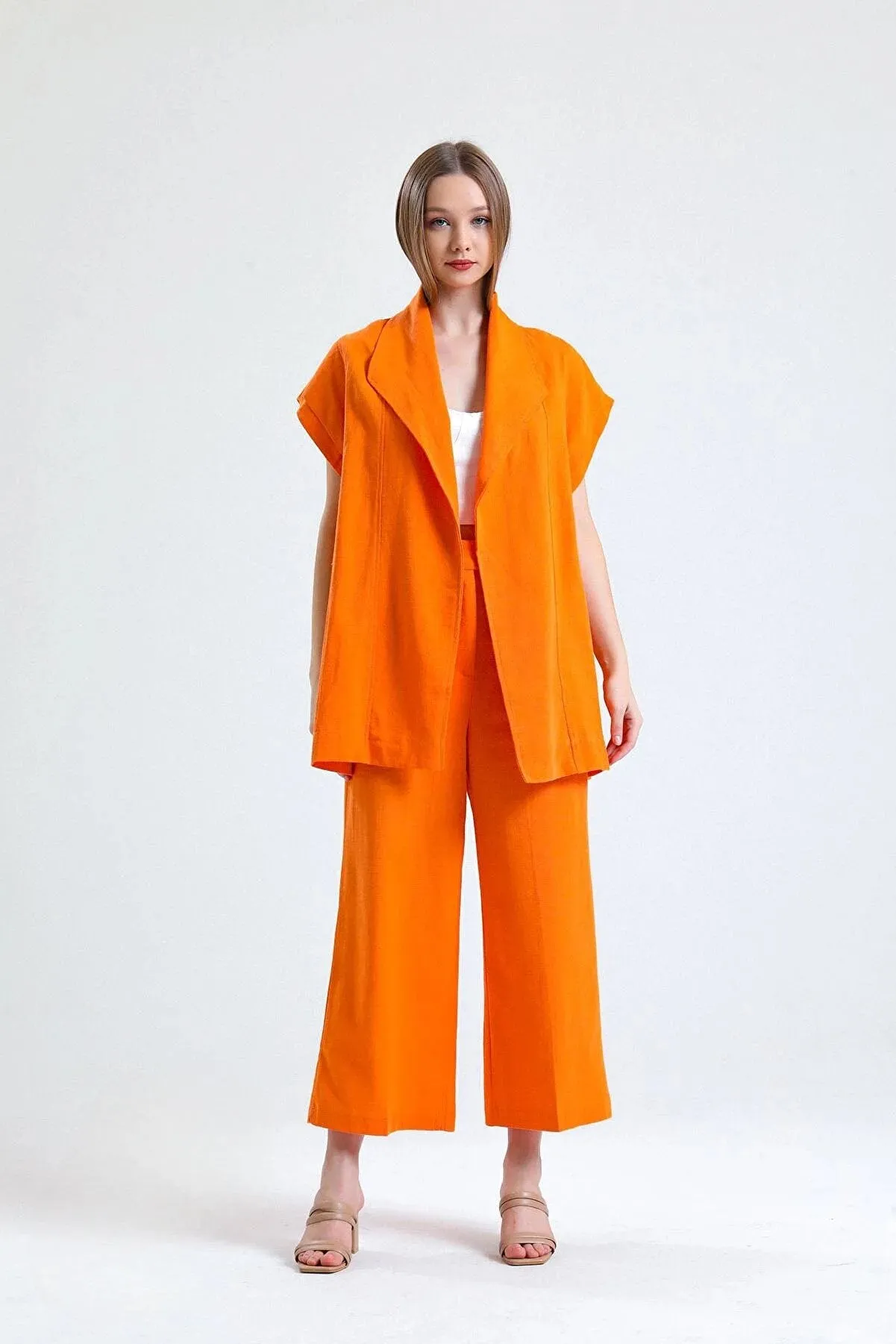 100% Organic Linen Fabric cover up with a Belt - Orange