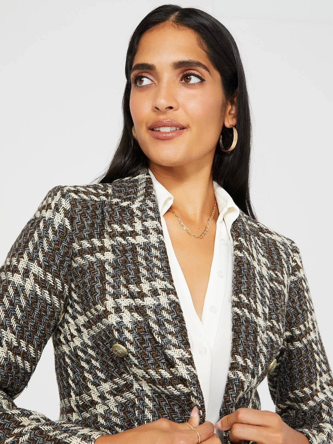 6-Button Plaid Jacquard Boucle Blazer