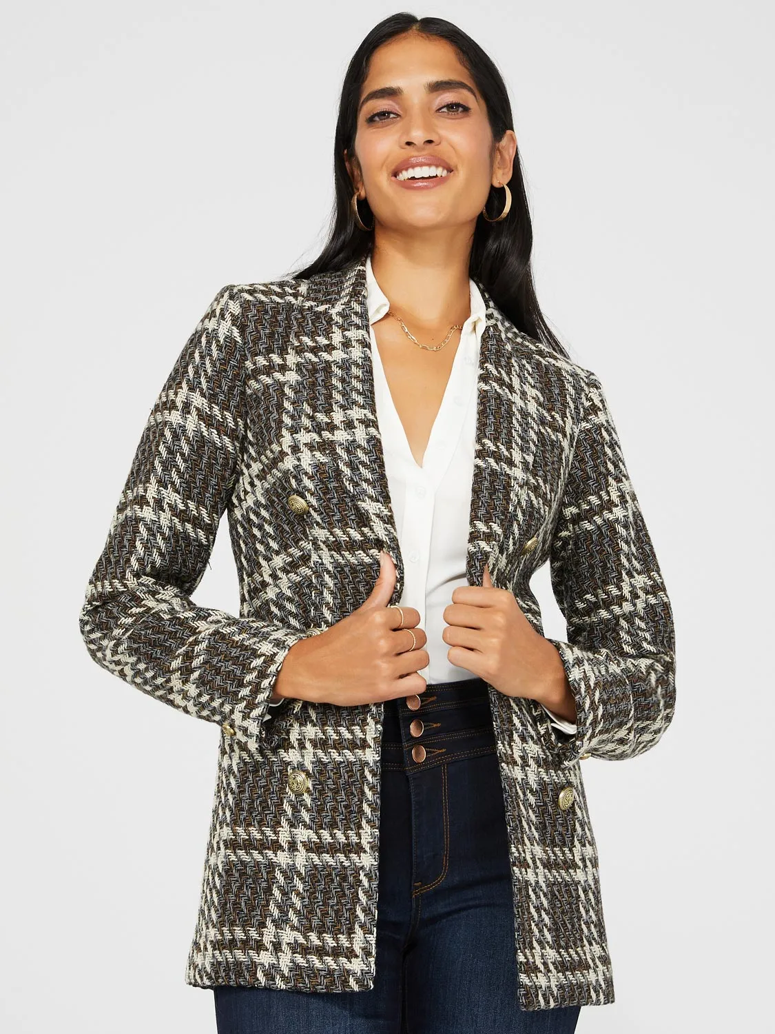 6-Button Plaid Jacquard Boucle Blazer