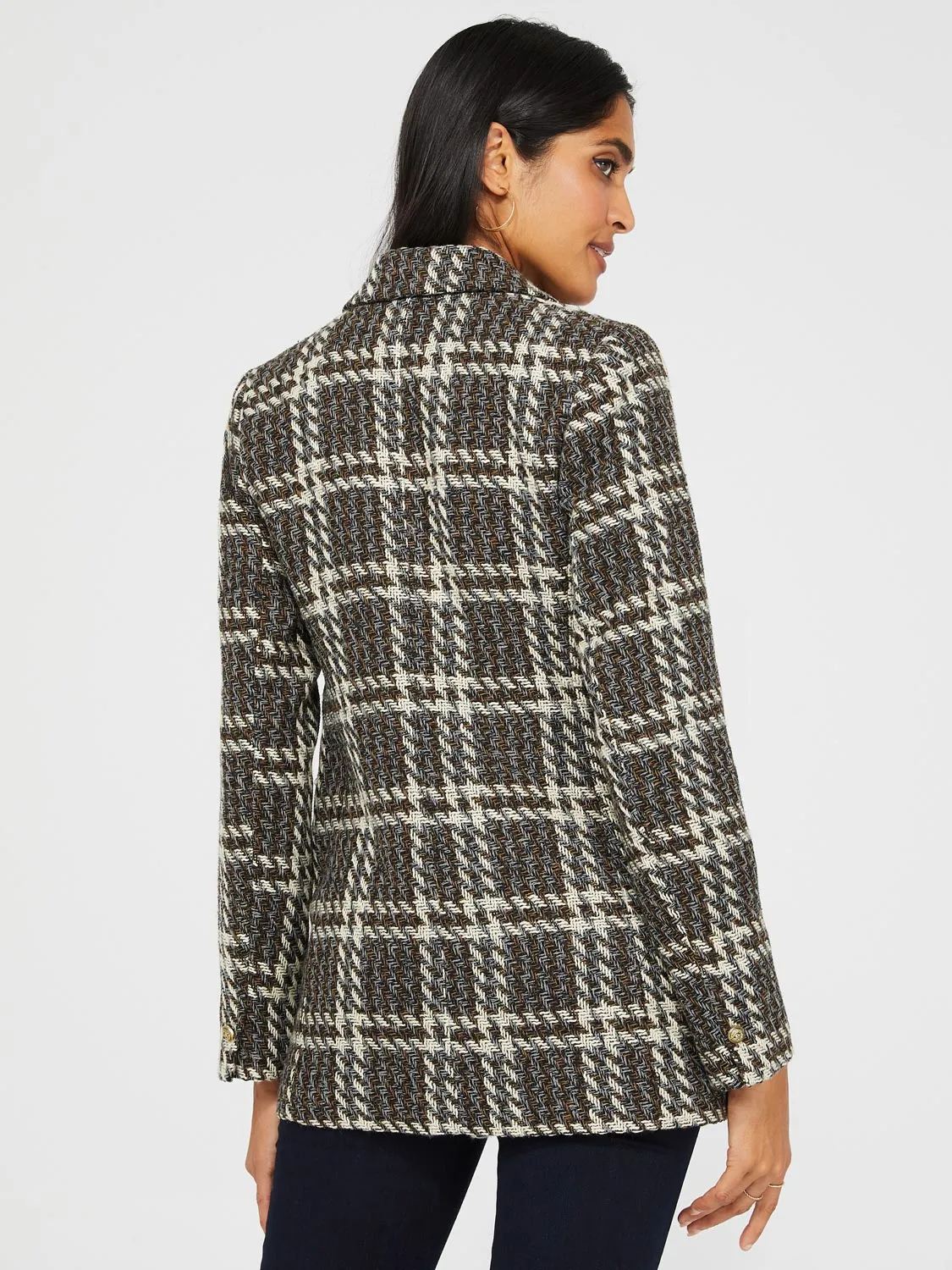 6-Button Plaid Jacquard Boucle Blazer