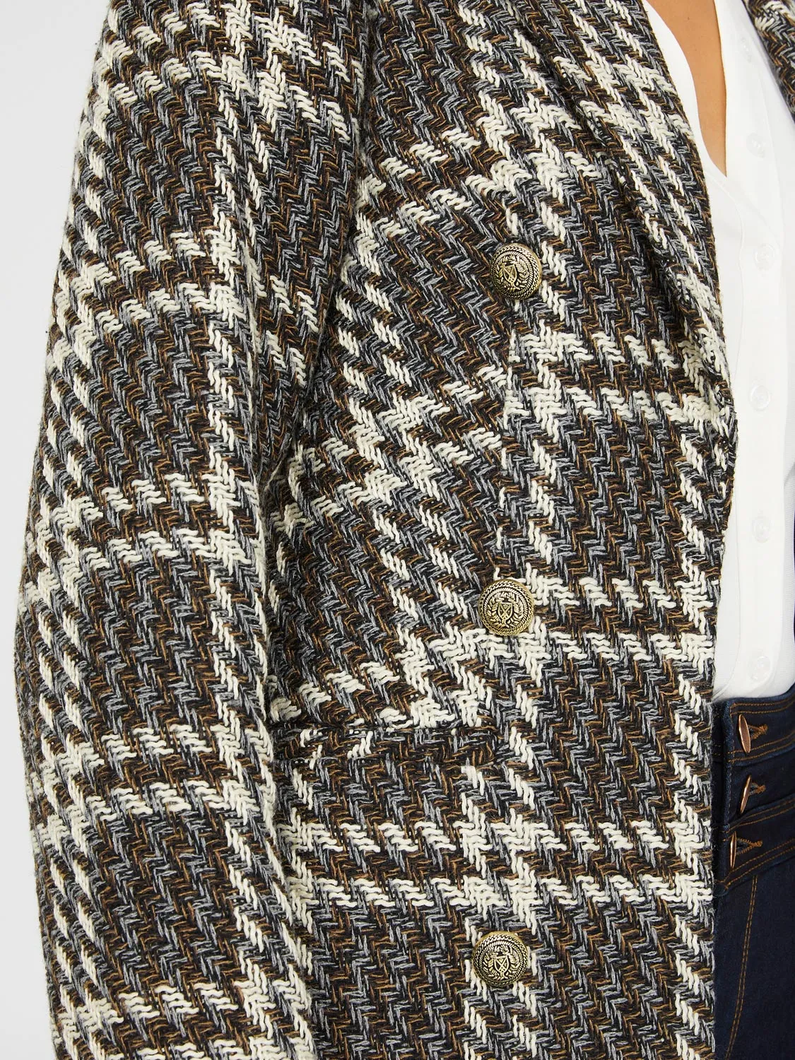 6-Button Plaid Jacquard Boucle Blazer