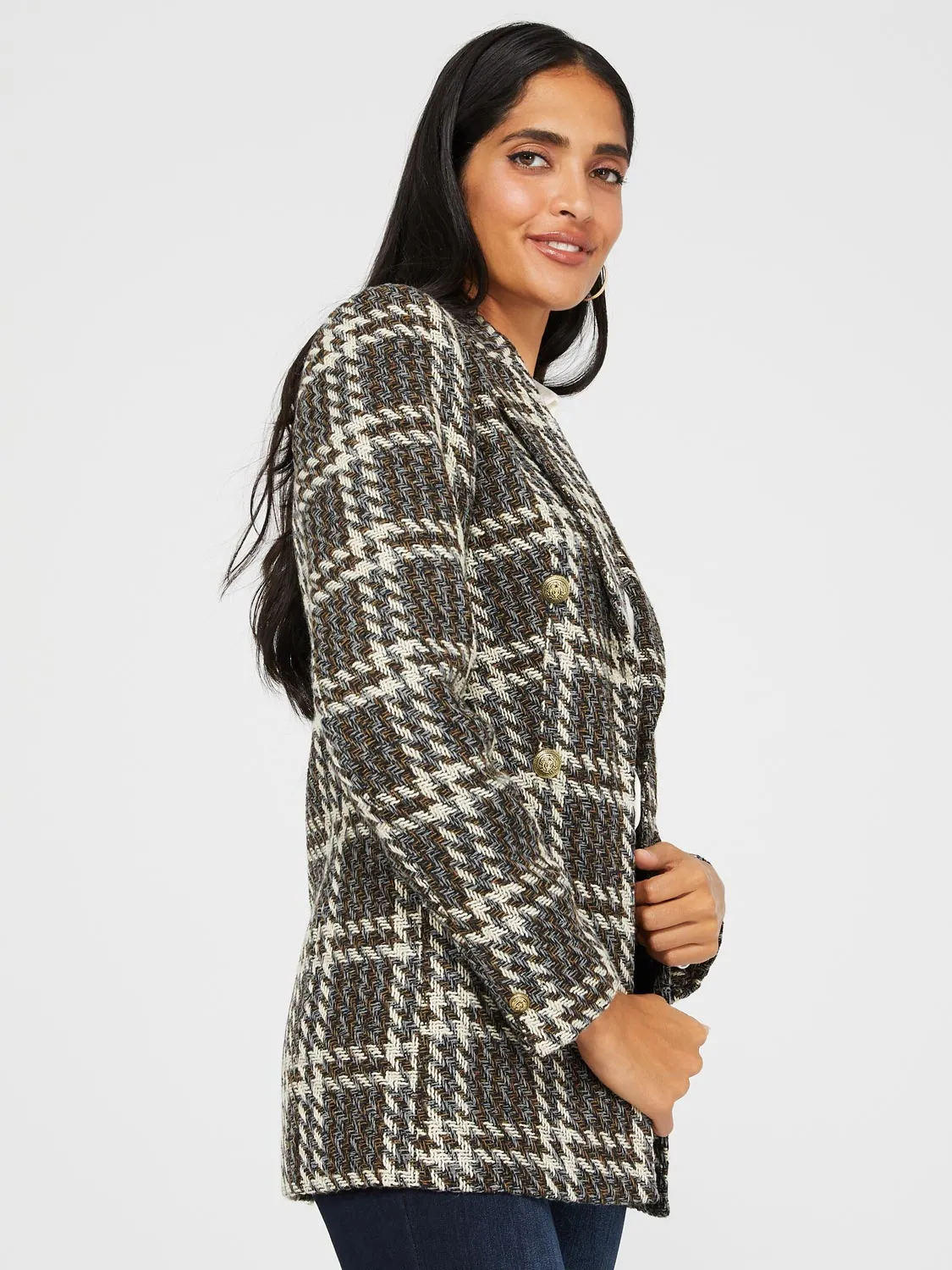 6-Button Plaid Jacquard Boucle Blazer