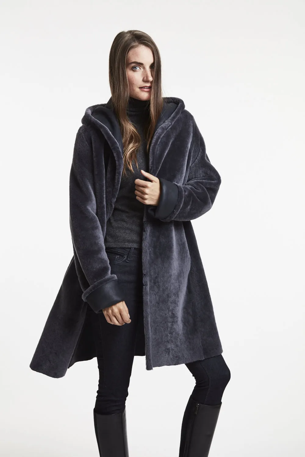 #6169 Hooded Reversible Shearling Coat