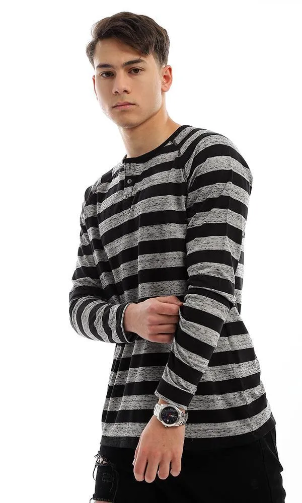 94413 Wild Striped Black & Grey Long Sleeves Henley Shirt