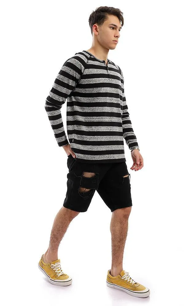 94413 Wild Striped Black & Grey Long Sleeves Henley Shirt