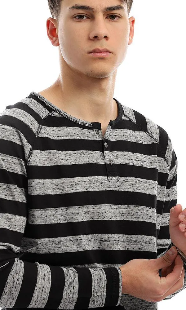 94413 Wild Striped Black & Grey Long Sleeves Henley Shirt