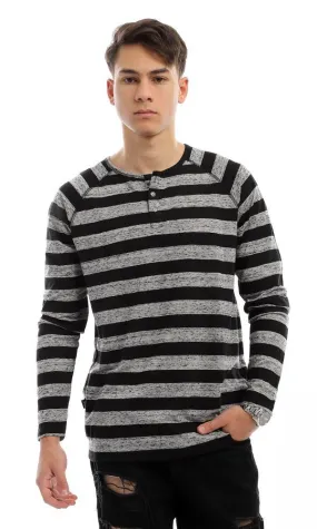 94413 Wild Striped Black & Grey Long Sleeves Henley Shirt