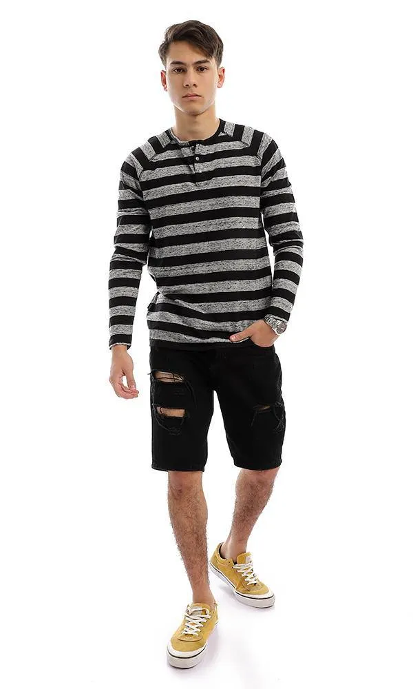 94413 Wild Striped Black & Grey Long Sleeves Henley Shirt