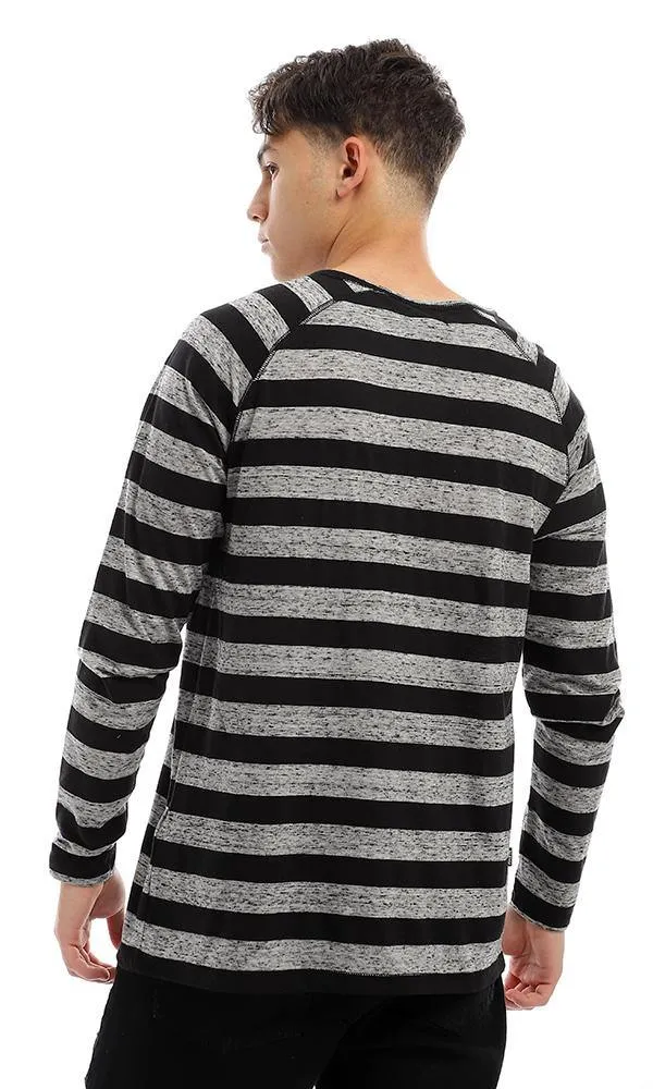 94413 Wild Striped Black & Grey Long Sleeves Henley Shirt