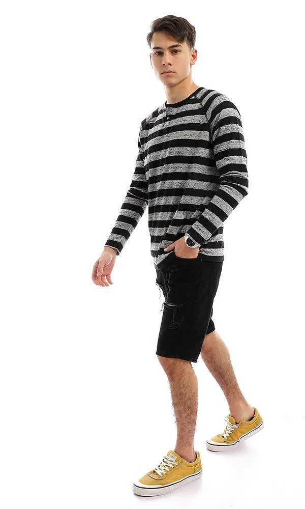 94413 Wild Striped Black & Grey Long Sleeves Henley Shirt