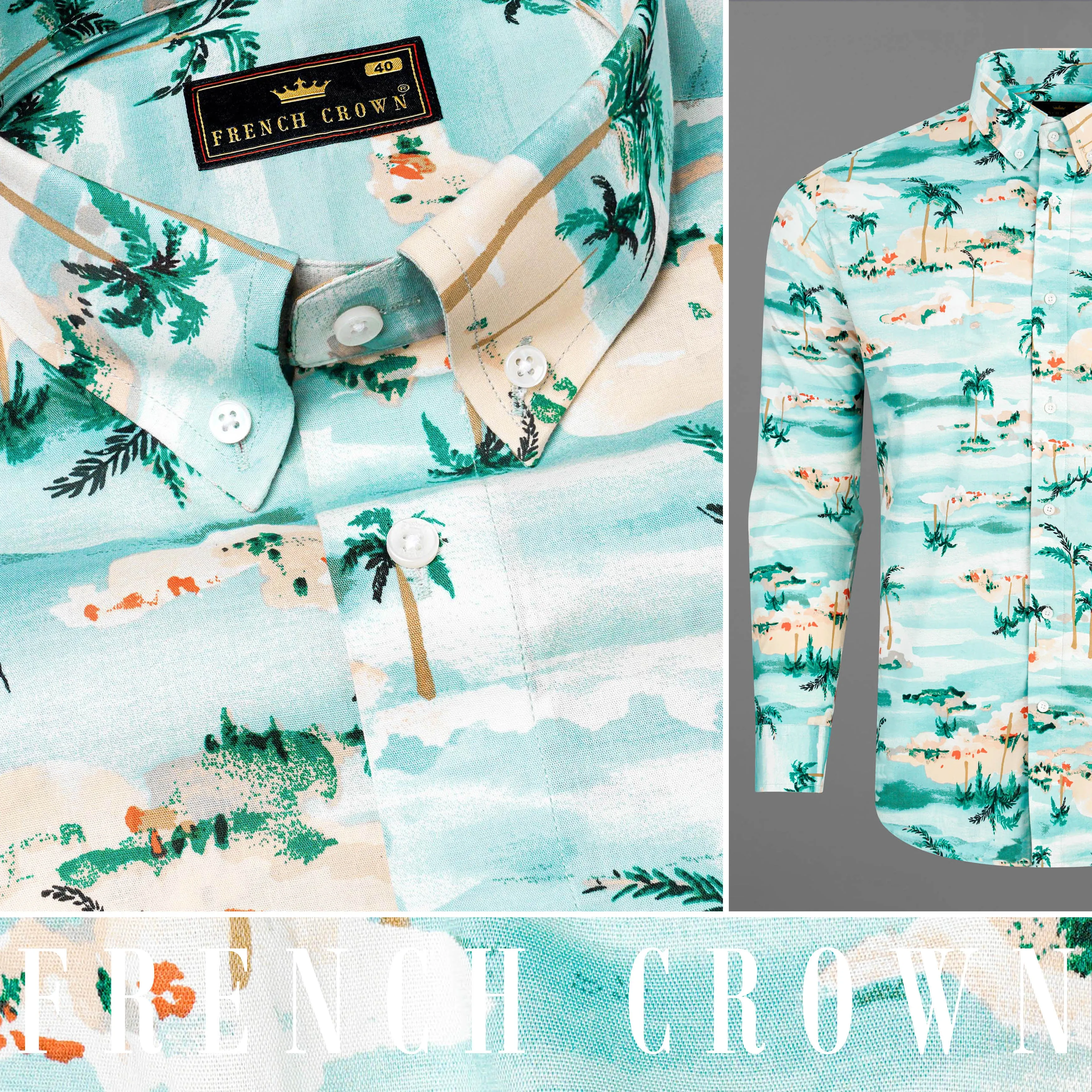 Aqua Island Sea Blue and Limed Spruce Green Tropical Printed Premium Cotton Shirt