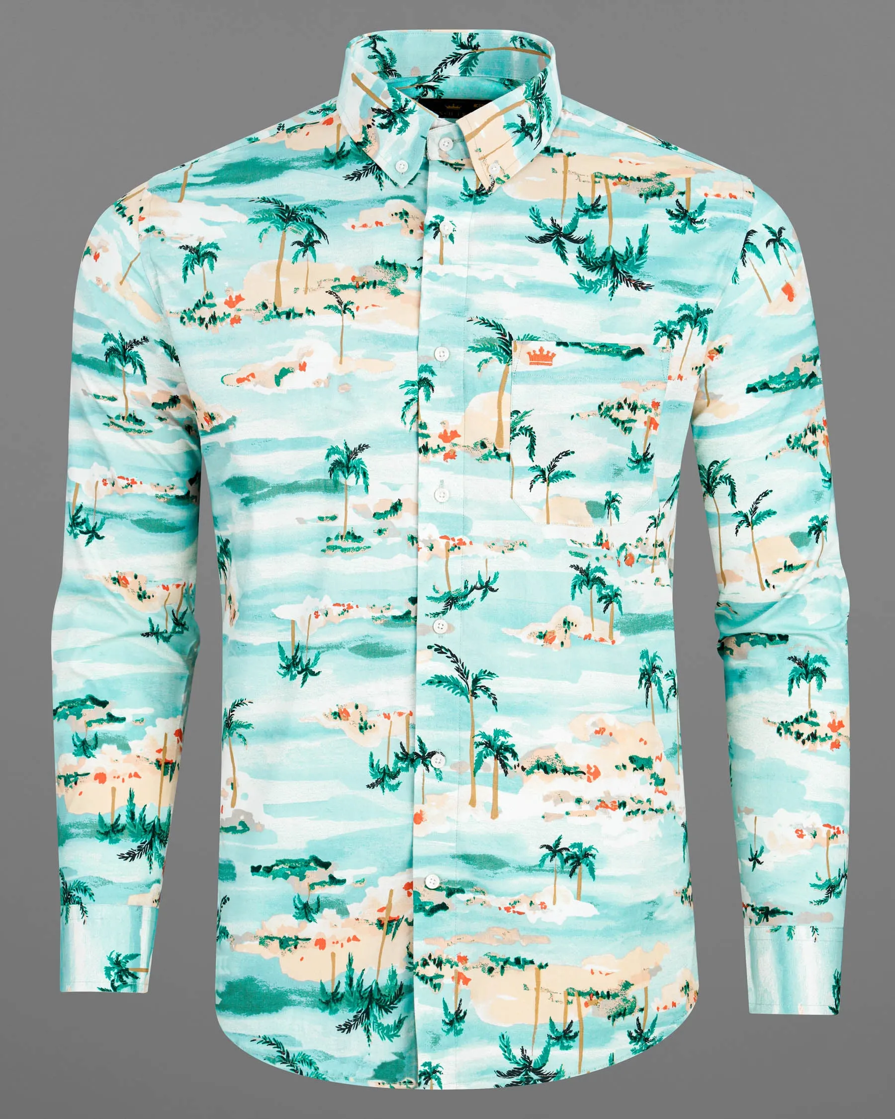 Aqua Island Sea Blue and Limed Spruce Green Tropical Printed Premium Cotton Shirt