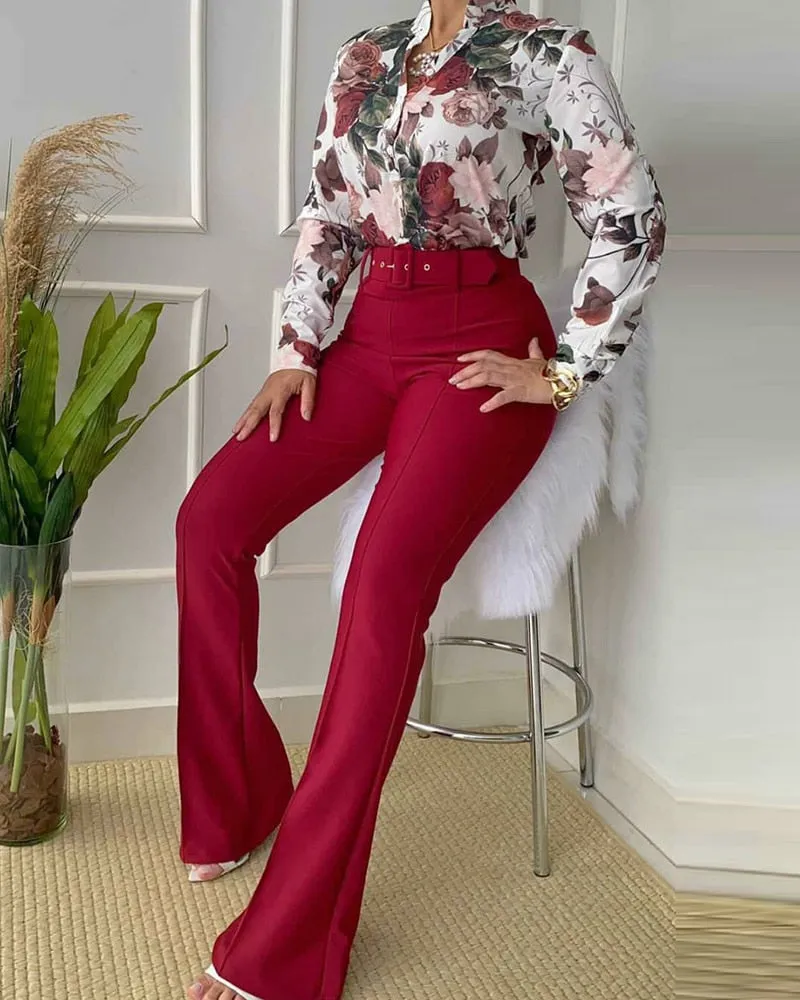 Autumn Casual Shirt &High Waist Pants Tracksuit