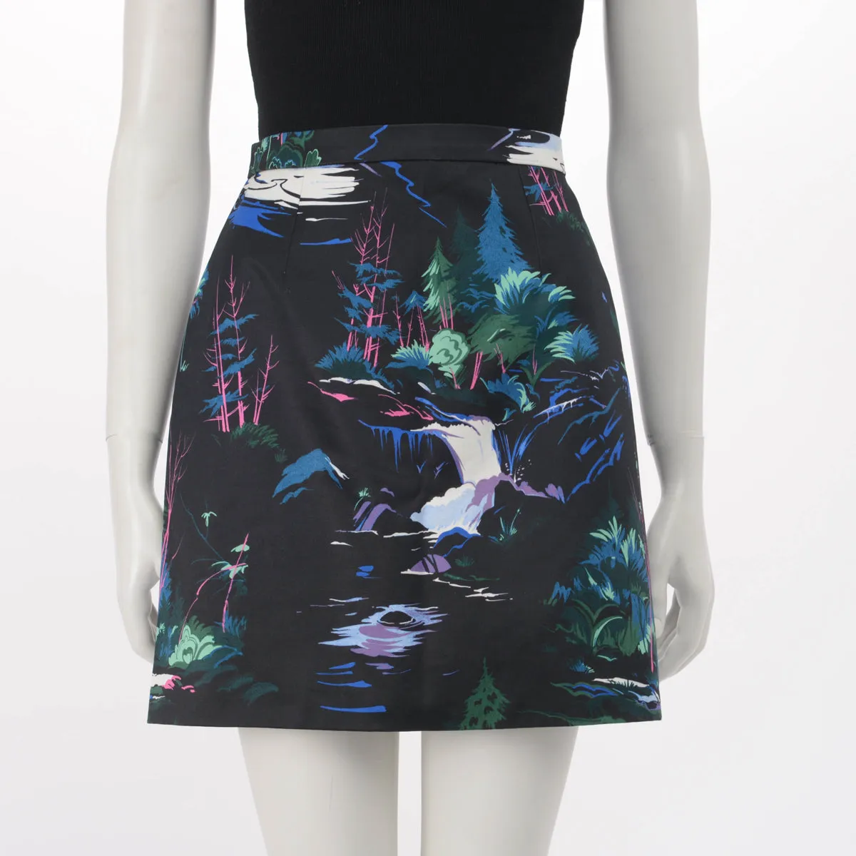 Balenciaga Black & Blue Cotton Forest Print Mini Skirt FR 40