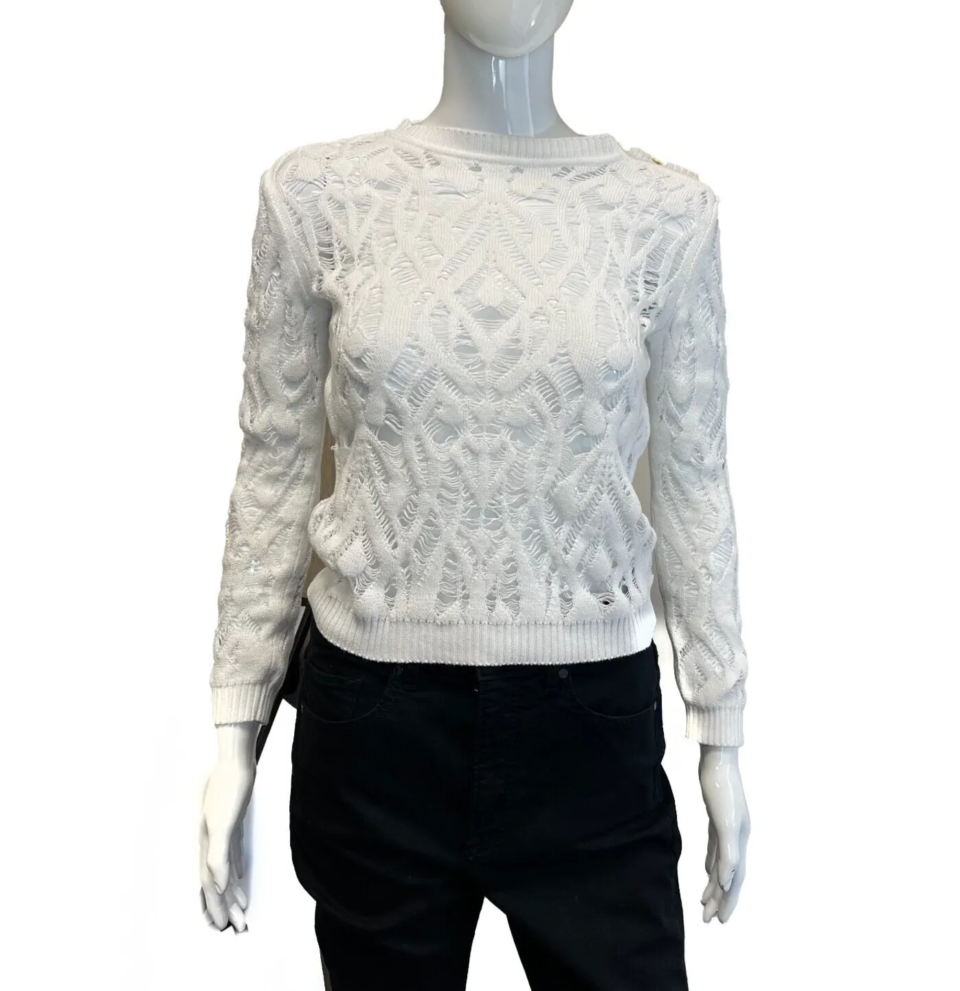 Balmain Pristine Crochet Destroyed Cotton Knit White Sweater 34 XS US 2