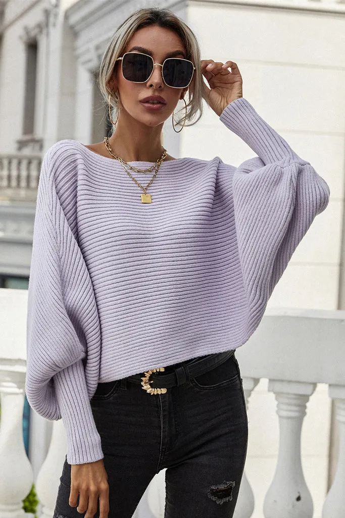 Batwing Sleeve Boat Neck Loose Sweater