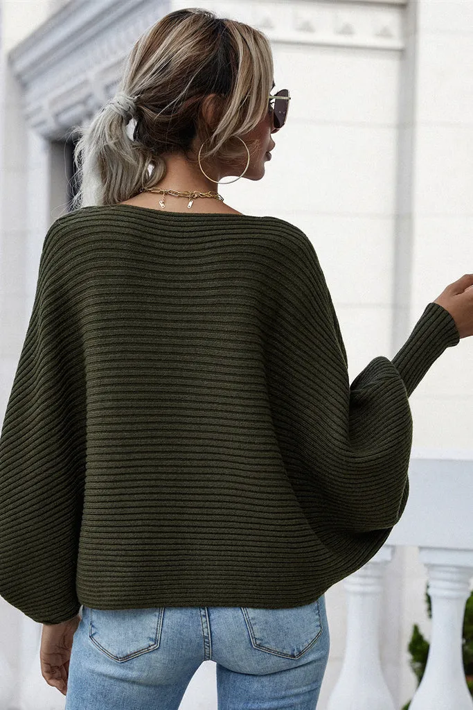 Batwing Sleeve Boat Neck Loose Sweater