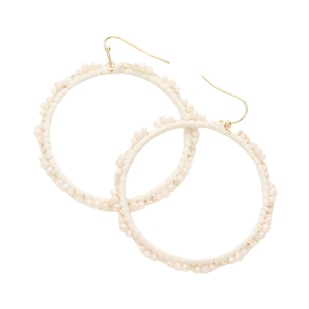 Beaded Pointed Raffia Wrapped Open Circle Dangle Earrings