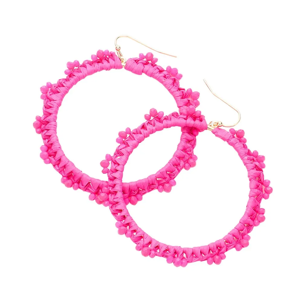 Beaded Pointed Raffia Wrapped Open Circle Dangle Earrings