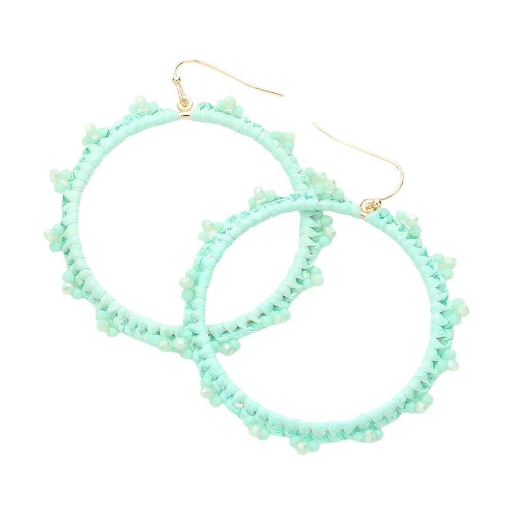 Beaded Pointed Raffia Wrapped Open Circle Dangle Earrings