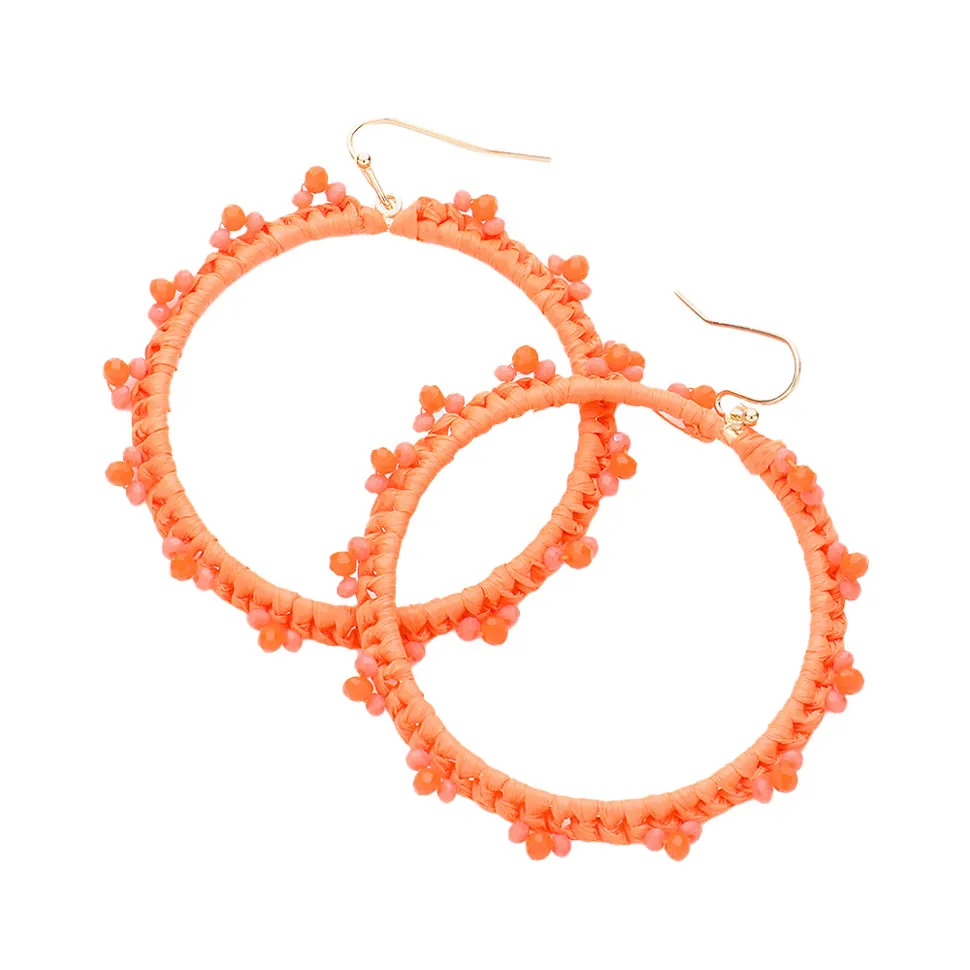 Beaded Pointed Raffia Wrapped Open Circle Dangle Earrings