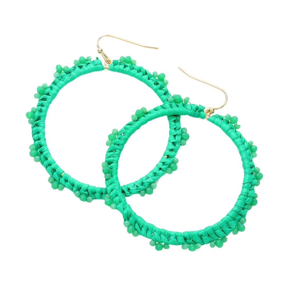 Beaded Pointed Raffia Wrapped Open Circle Dangle Earrings