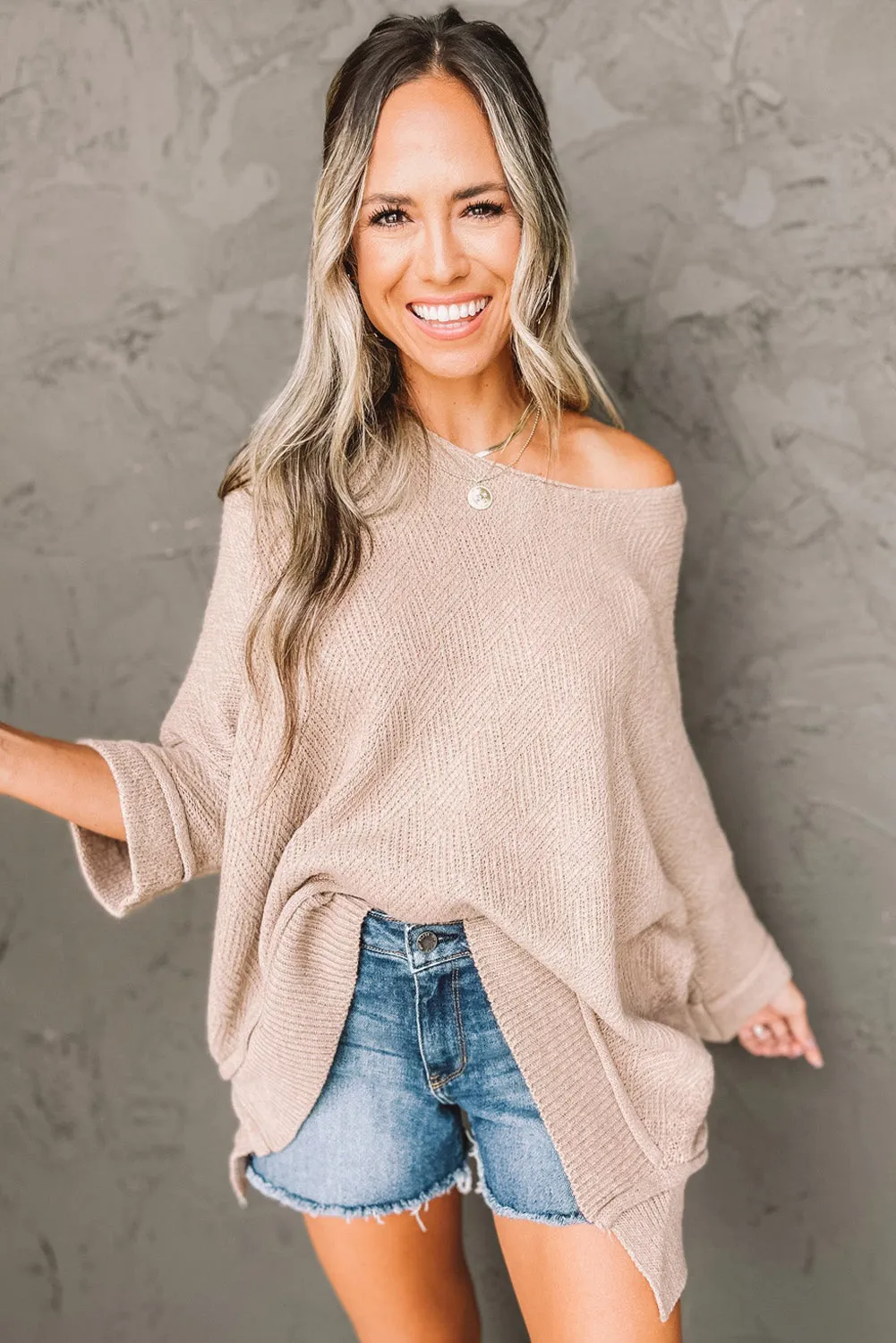 Beige Boat Neck Geometric Texture Sweater