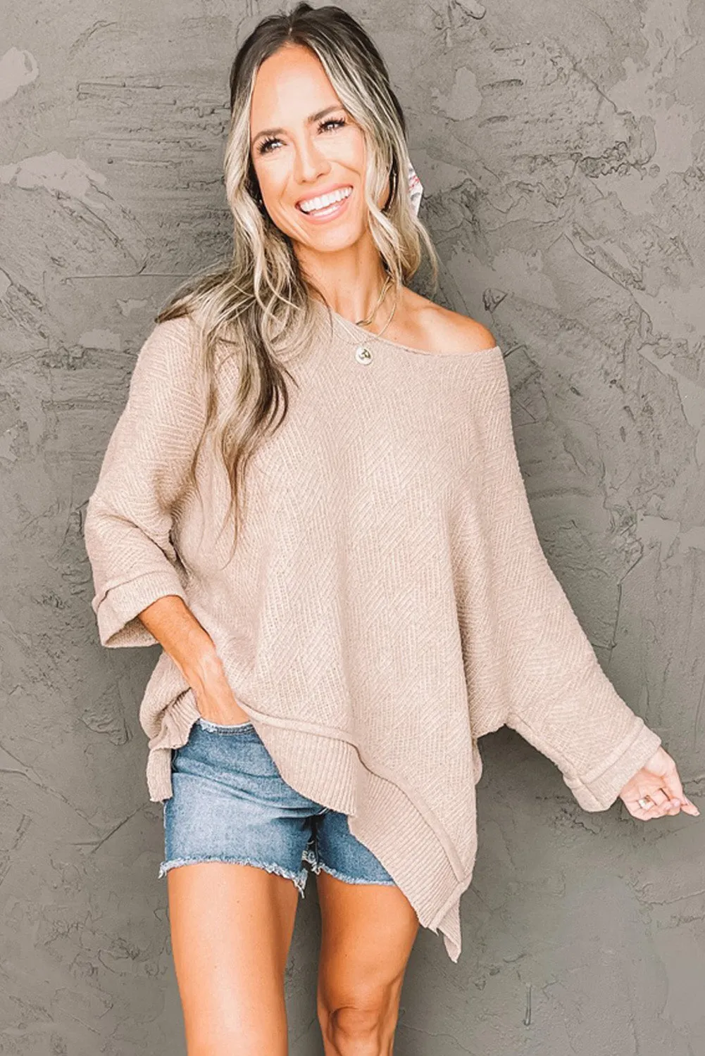 Beige Boat Neck Geometric Texture Sweater