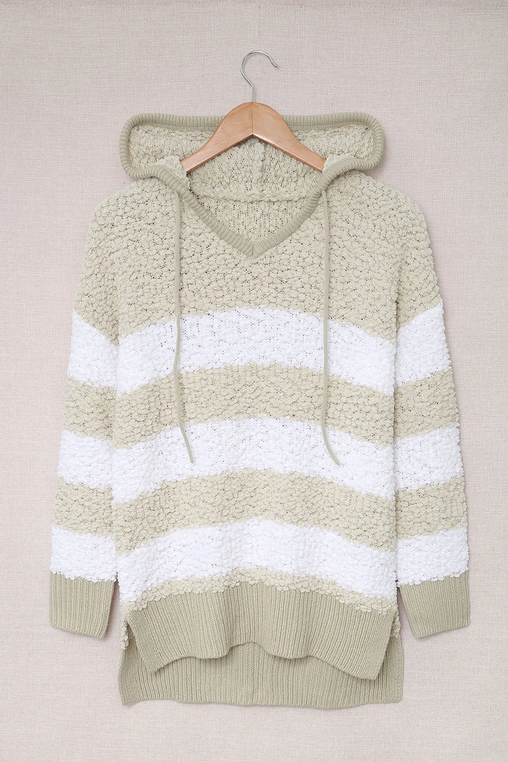 Beige Color Block Side Slit Hooded Sweater