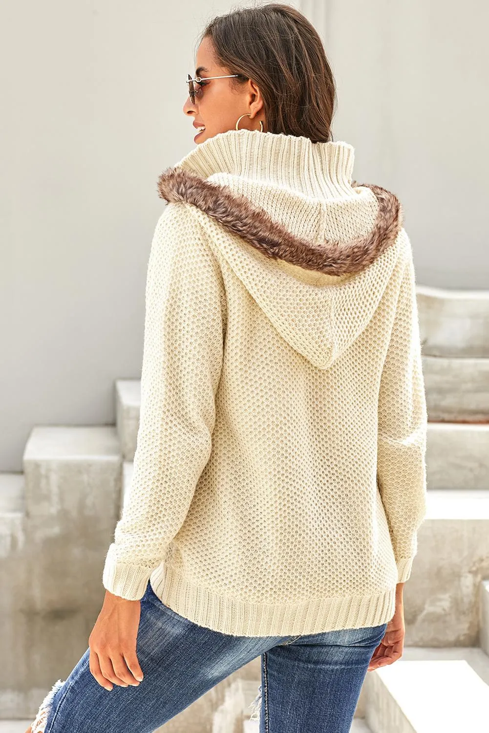 Beige Fur Hood Buttoned Knit Sweater