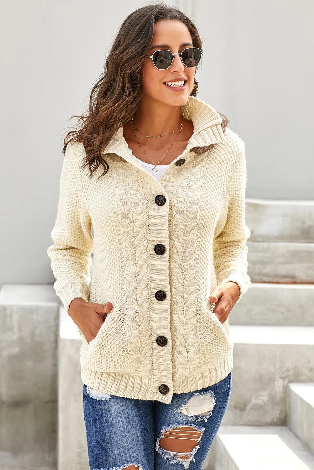 Beige Fur Hood Buttoned Knit Sweater