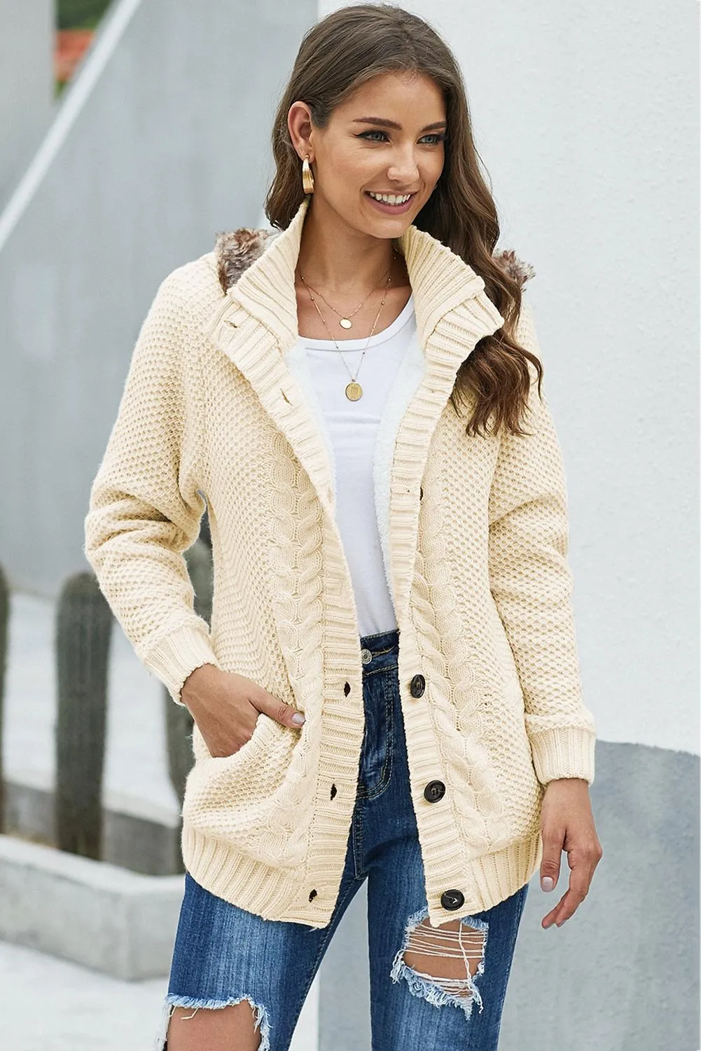 Beige Fur Hood Buttoned Knit Sweater