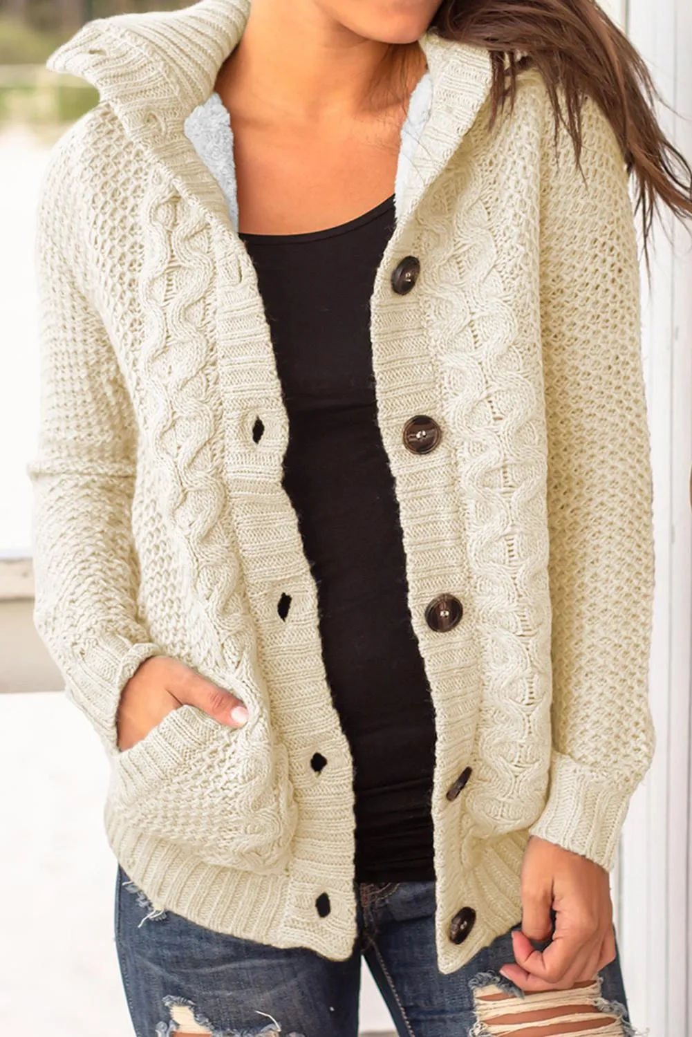 Beige Fur Hood Buttoned Knit Sweater