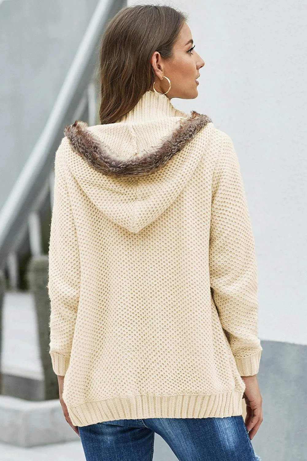 Beige Fur Hood Buttoned Knit Sweater