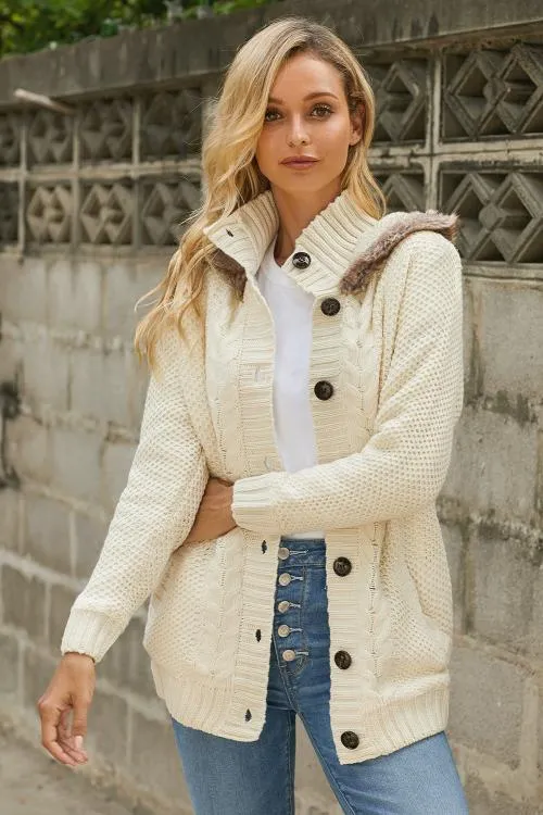 Beige Fur Hood Buttoned Knit Sweater