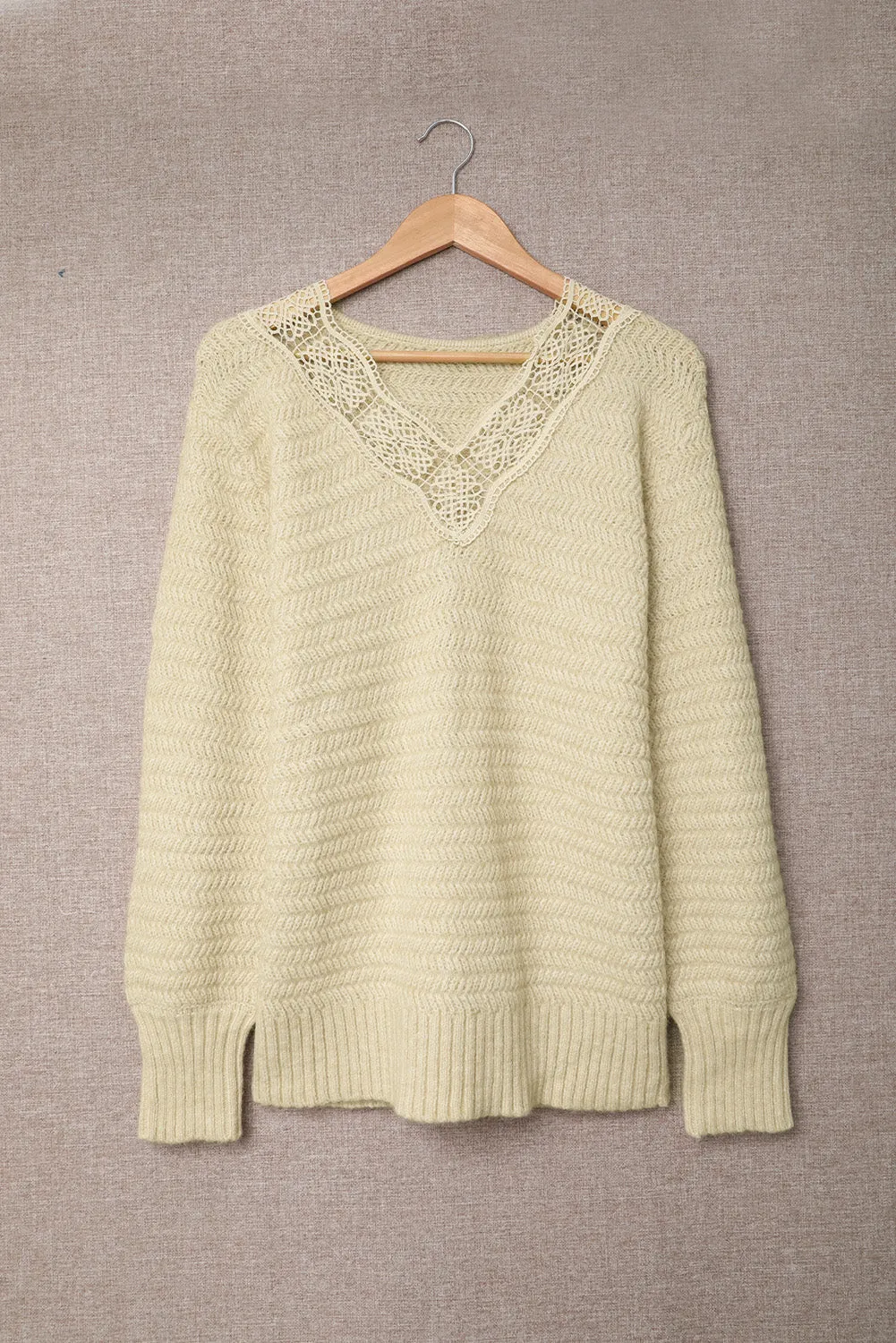 Beige Lace Scalloped Side Split Loose Sweater