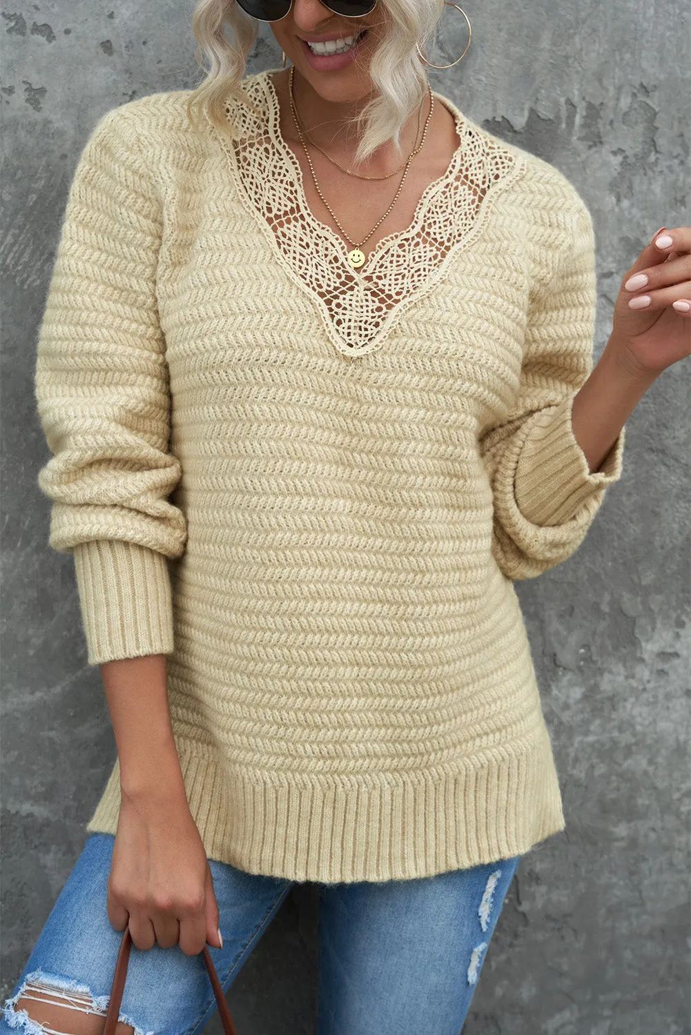 Beige Lace Scalloped Side Split Loose Sweater