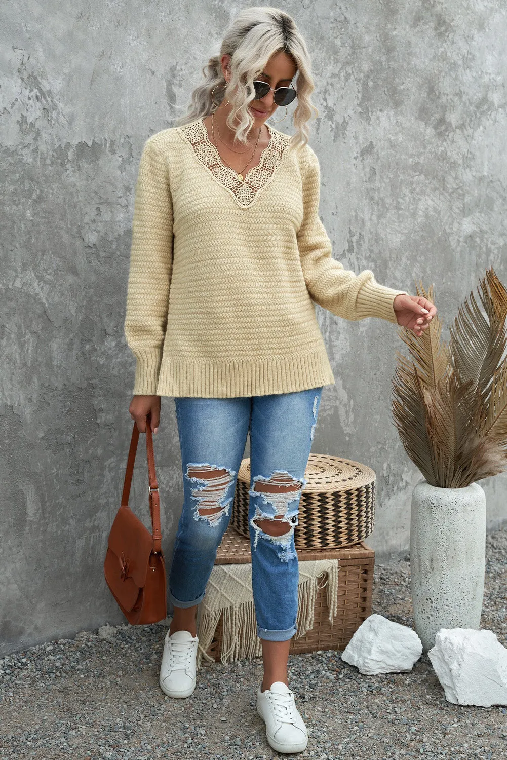 Beige Lace Scalloped Side Split Loose Sweater