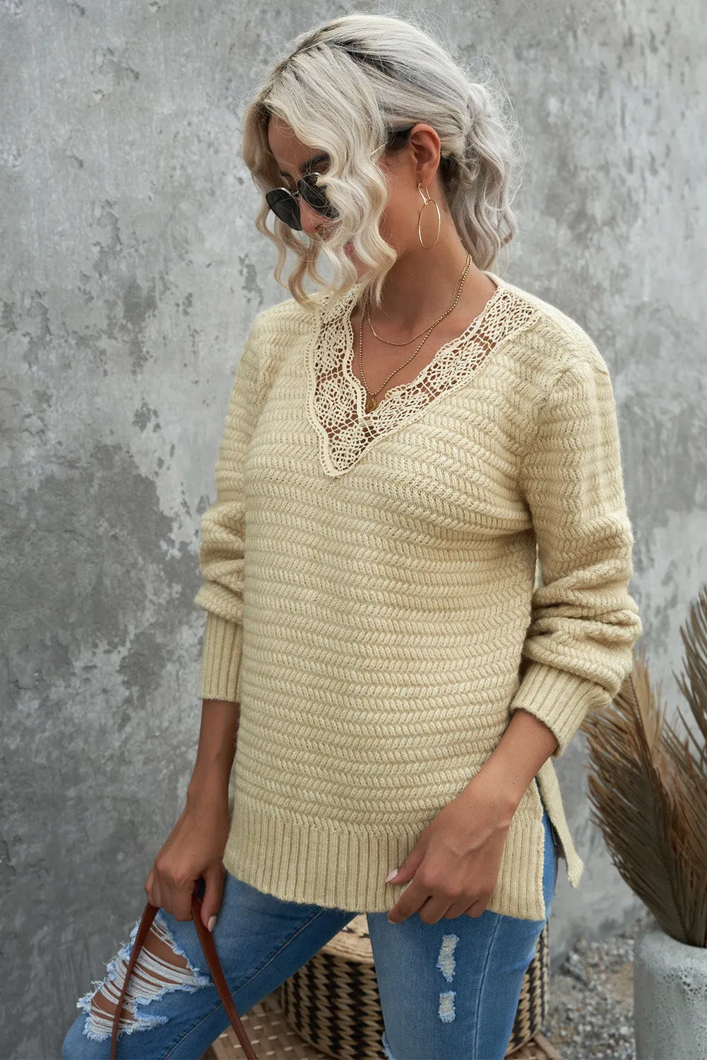 Beige Lace Scalloped Side Split Loose Sweater