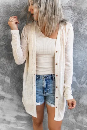 Beige Open-Front Buttons Casual Cardigan