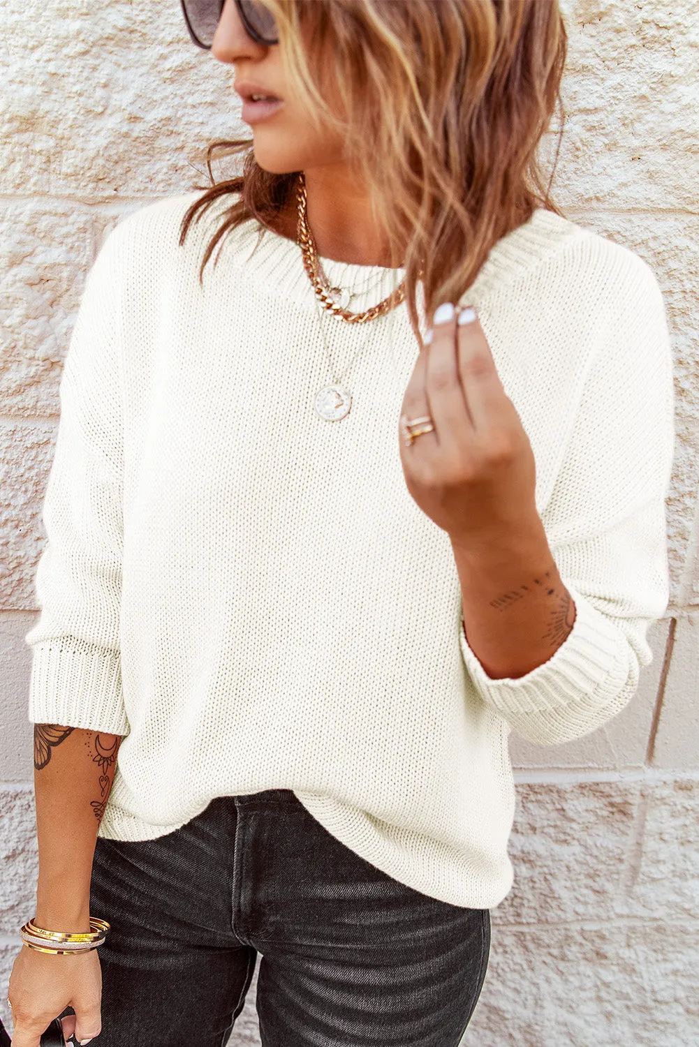 Beige Oversize Knitted Drop-Shoulder Sweater