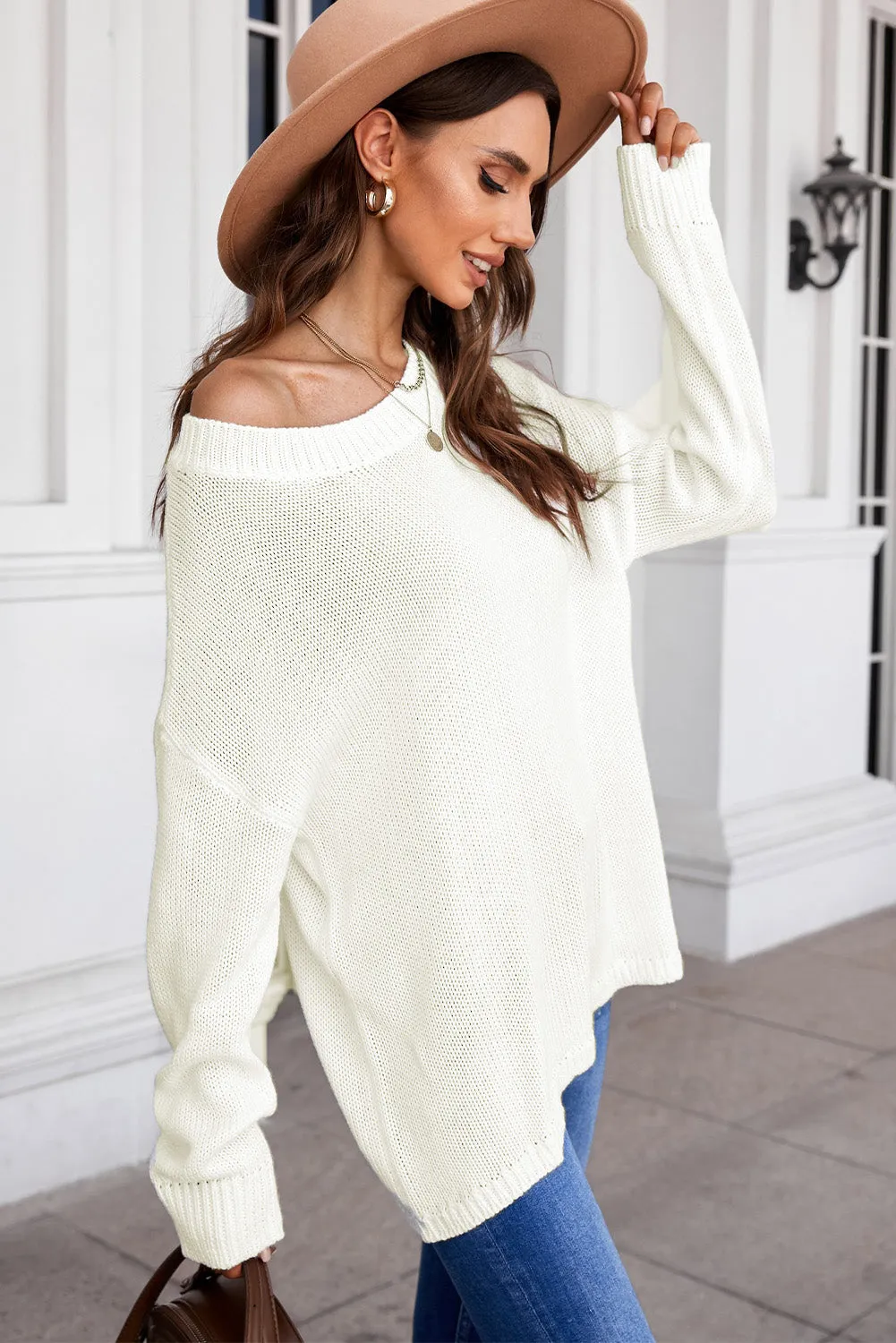 Beige Oversize Knitted Drop-Shoulder Sweater