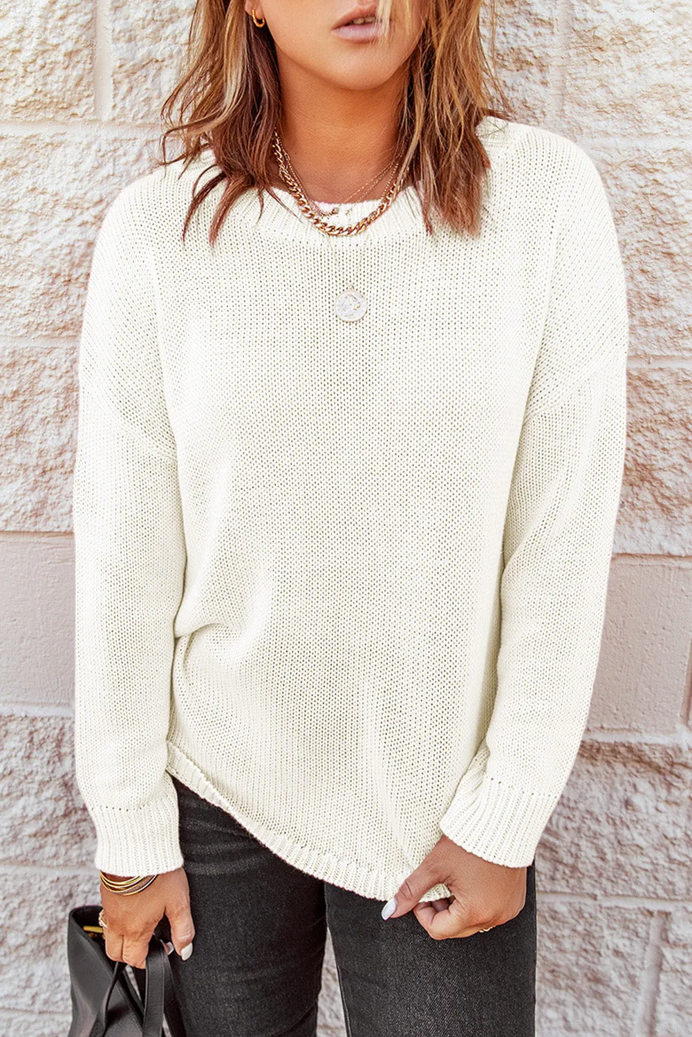 Beige Oversize Knitted Drop-Shoulder Sweater