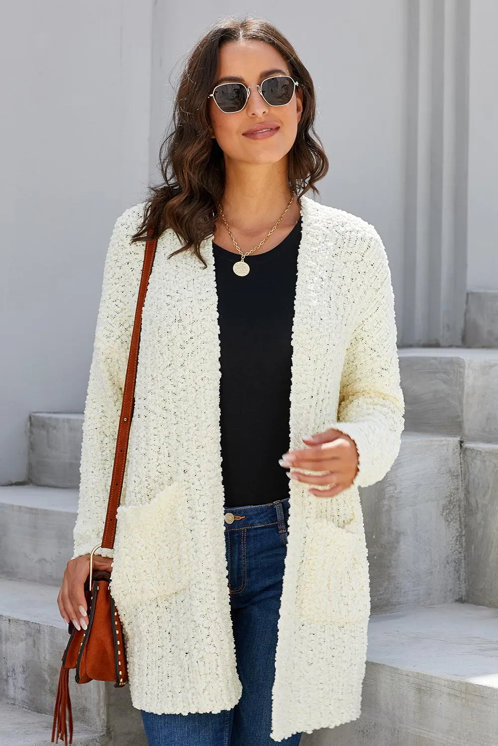 Beige Pebble Beach Textured Casual Cardigan