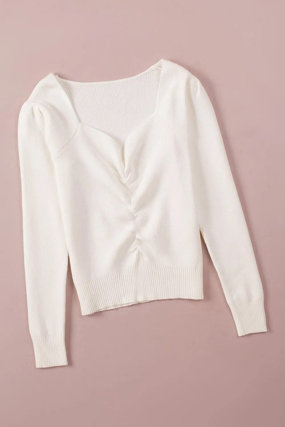 Beige Ruched Sweetheart Neckline Sweater