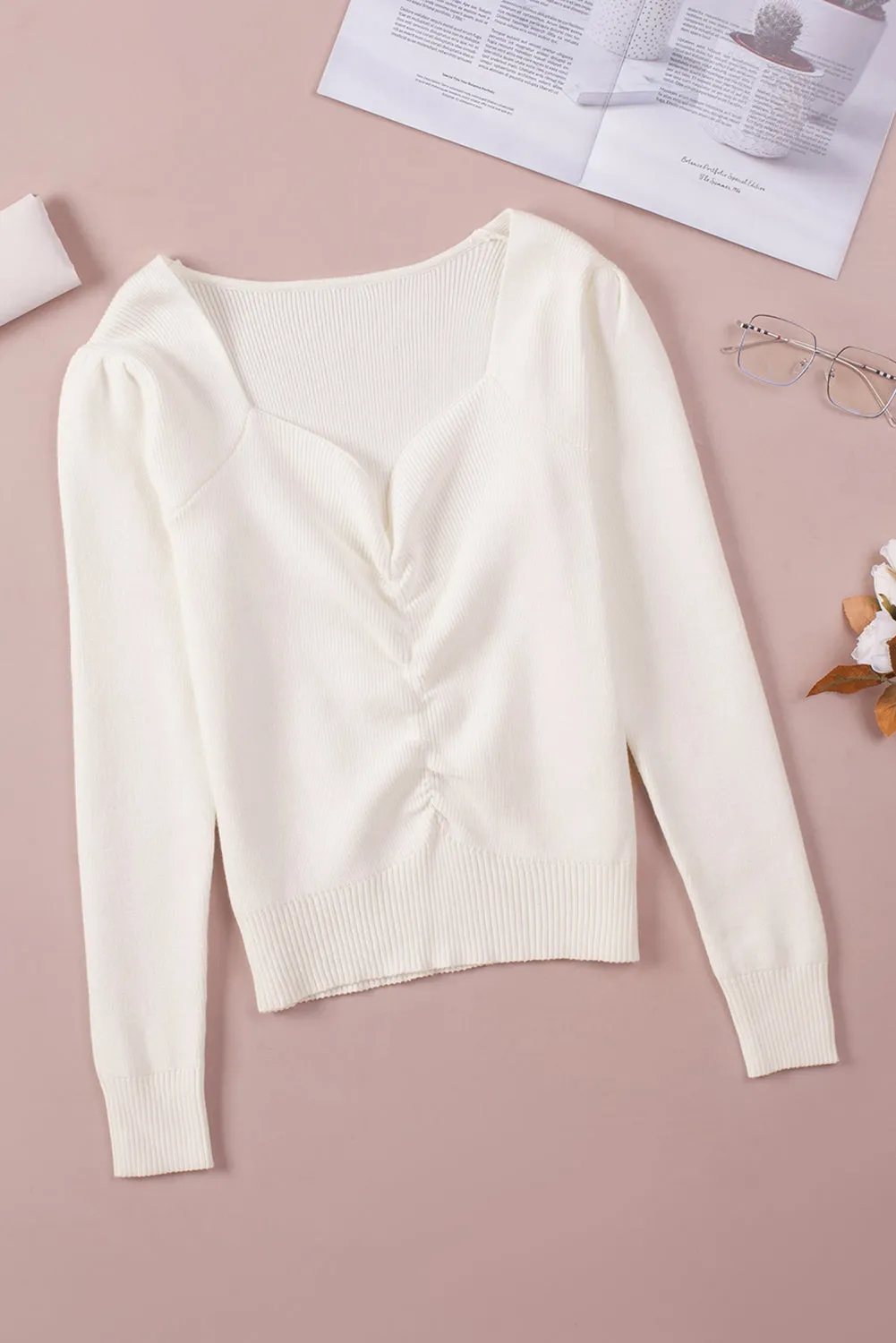 Beige Ruched Sweetheart Neckline Sweater