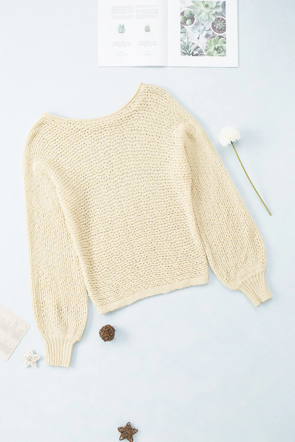 Beige Sheer Openwork Knit Sweater Top