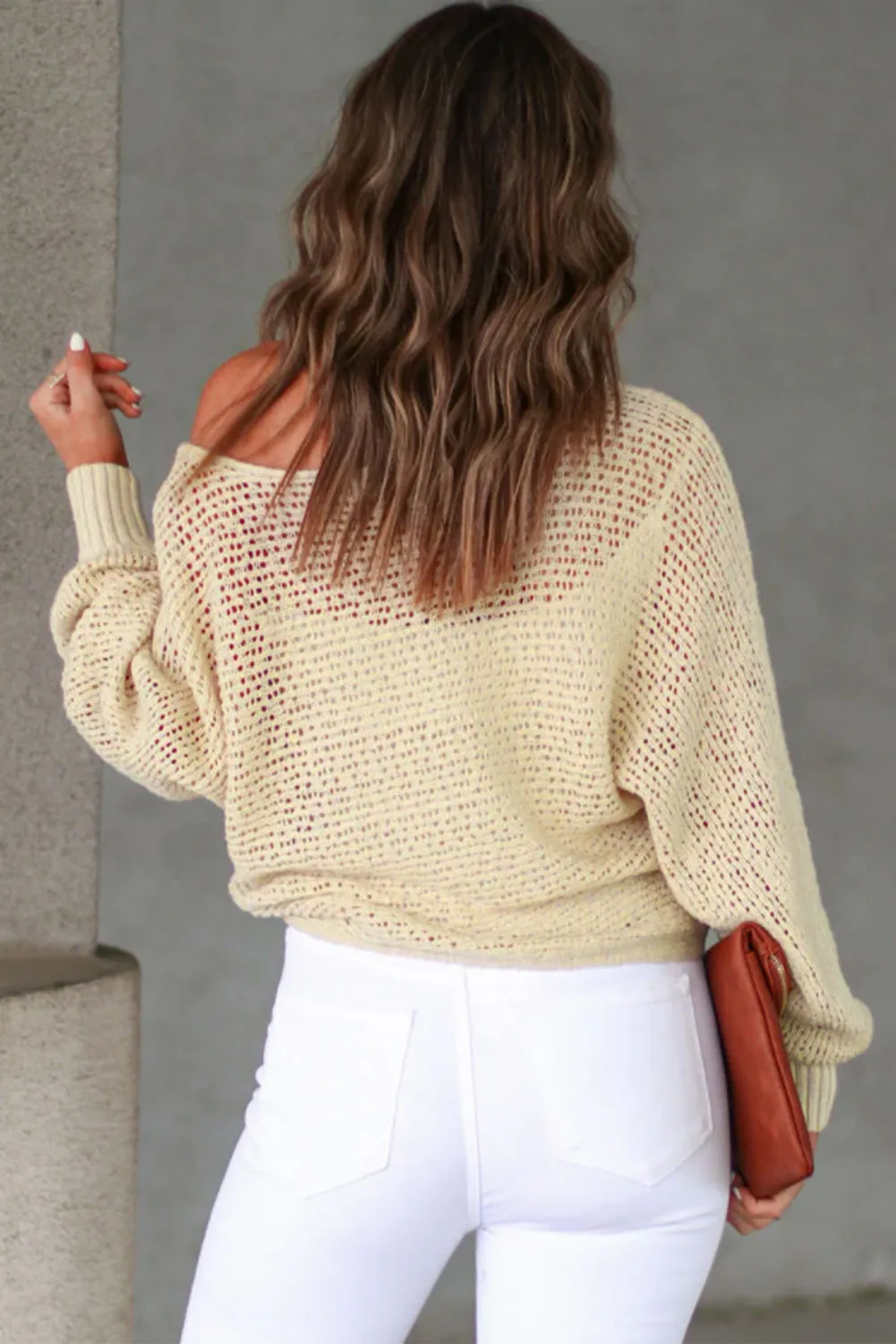 Beige Sheer Openwork Knit Sweater Top