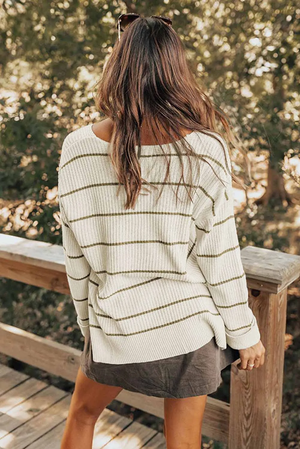 Beige Stripe Chest Pocket Striped Sweater