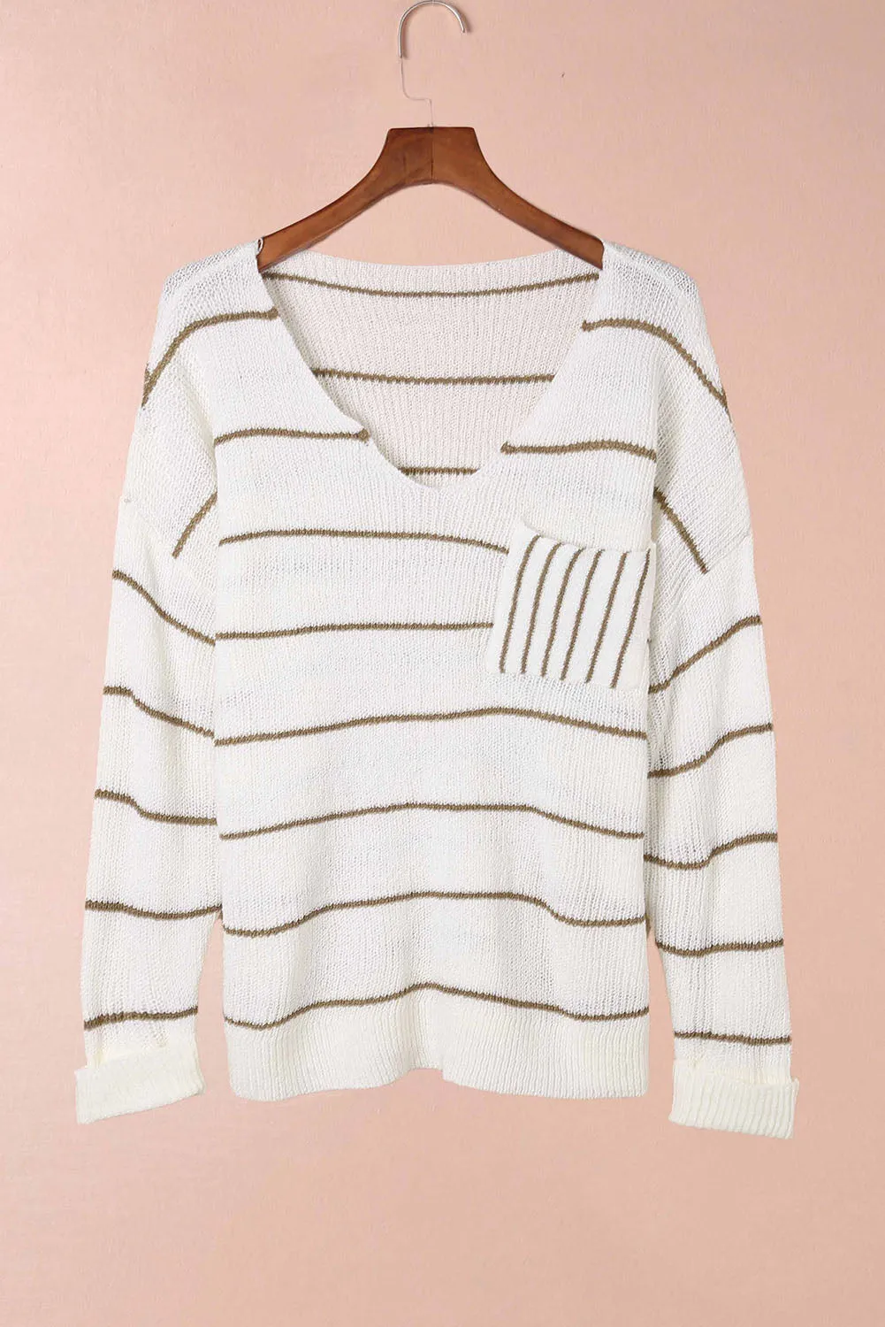 Beige Stripe Chest Pocket Striped Sweater